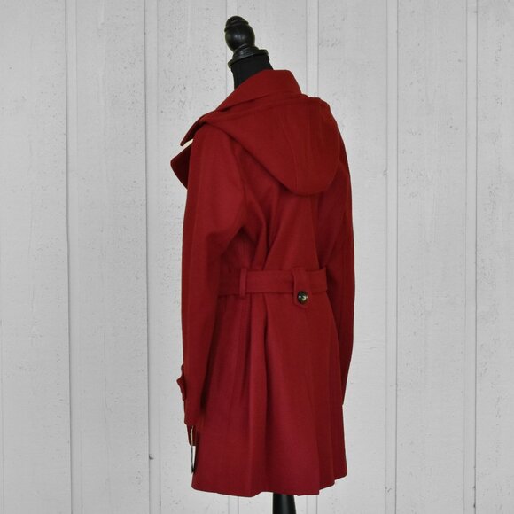 London Fog Women's Double Lapel Thigh Length Button Front Wool Coat w/Belt Red - Picture 7 of 13